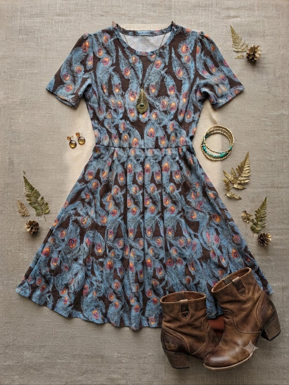 LuLaRoe Peacock Feather Print Short Sleeve Fit And Flare Dress